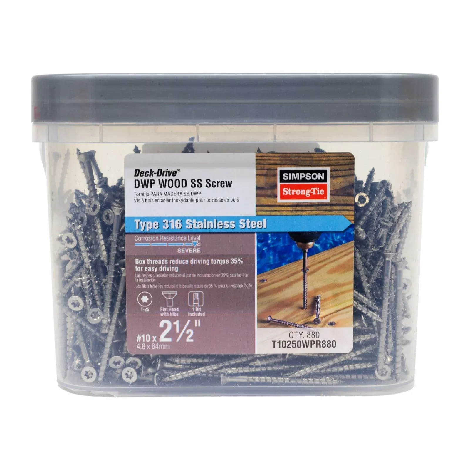 #10 x 2-1/2" Simpson Strong-Tie DWP T25 Flat Head Wood Screw - 316 Stainless Steel, Pkg. 350