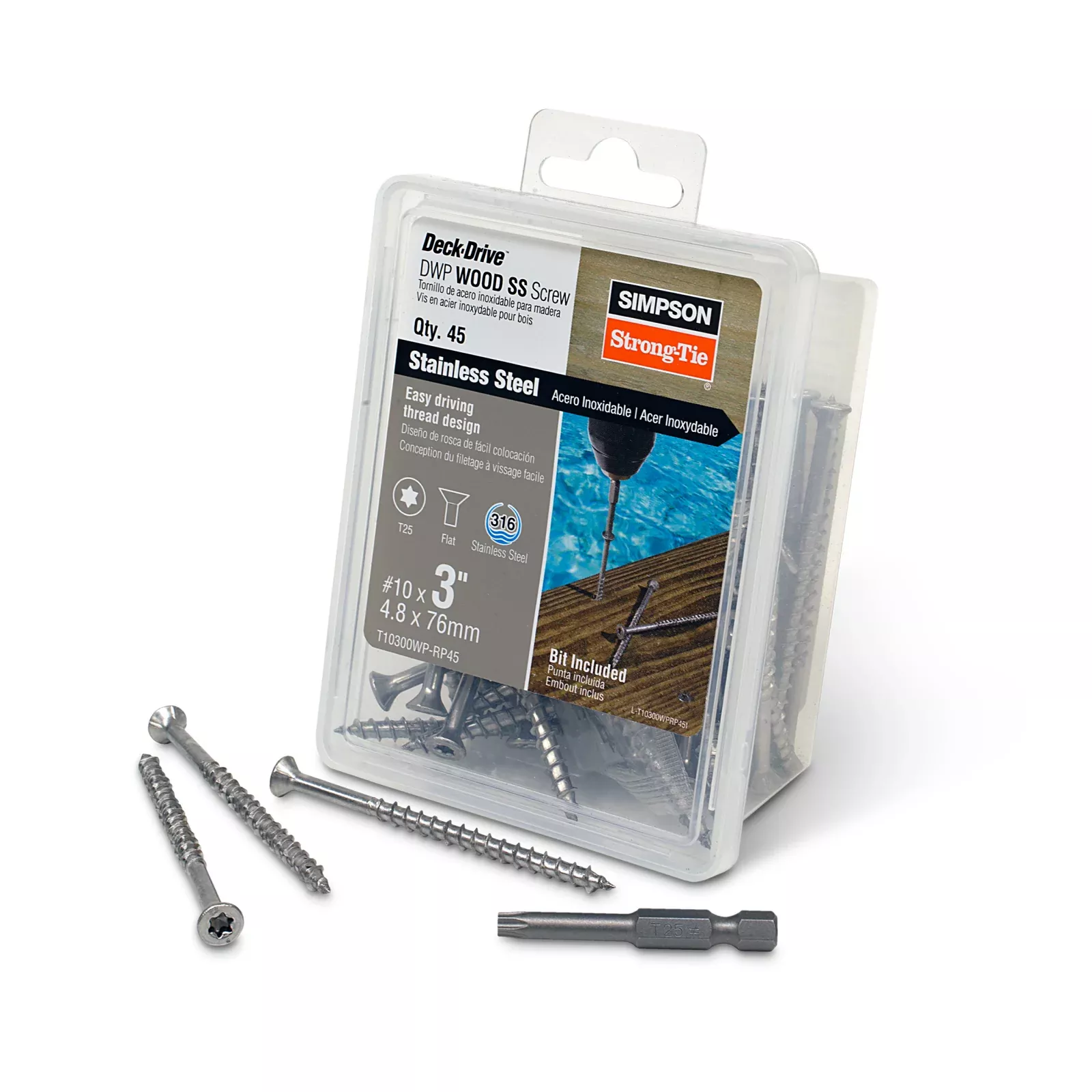 #10 x 3" Simpson Strong-Tie DWP T25 Flat Head Wood Screw - 316 Stainless Steel, Pkg 45