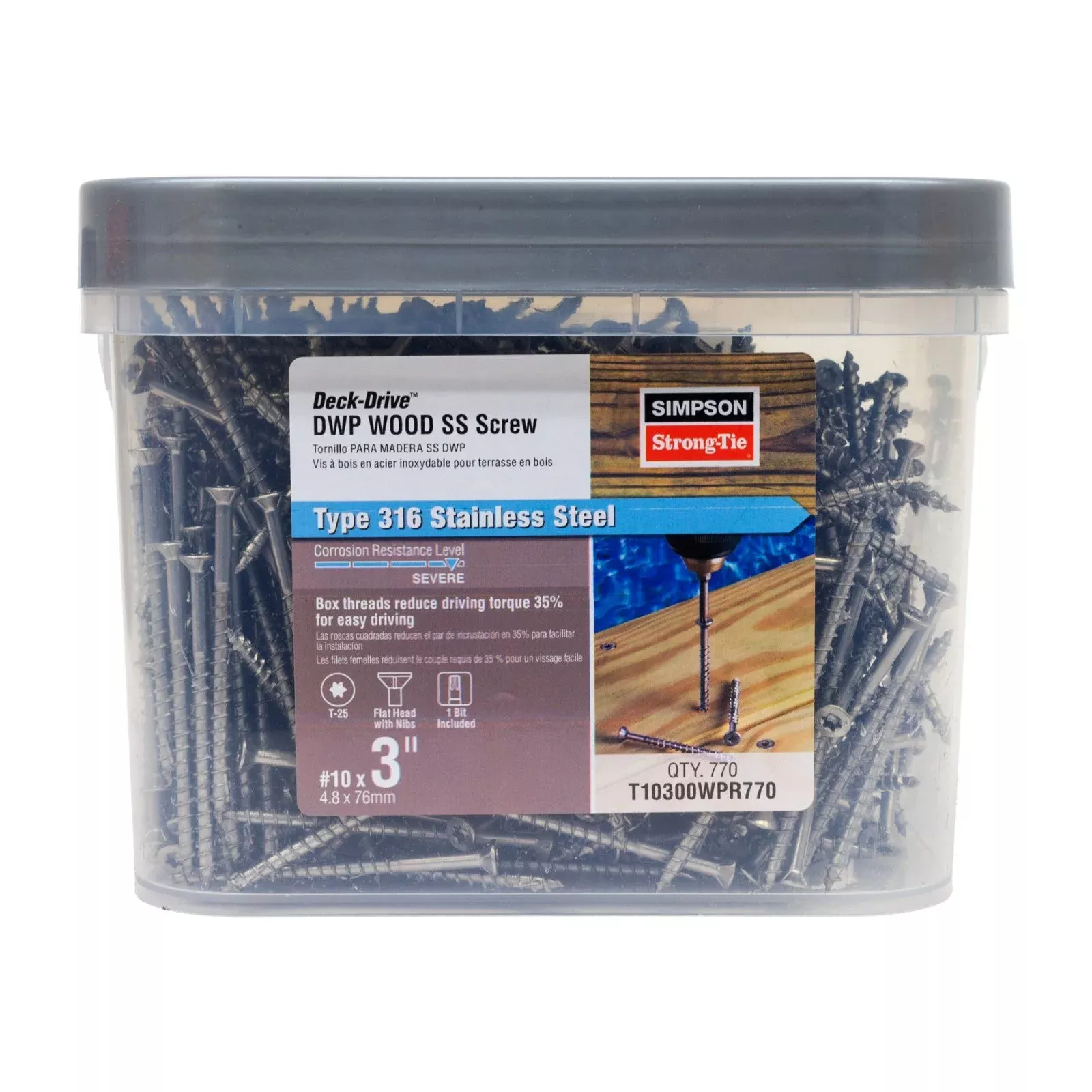 #10 x 3" Simpson Strong-Tie DWP T25 Flat Head Wood Screw - 316 Stainless Steel, Pkg 770