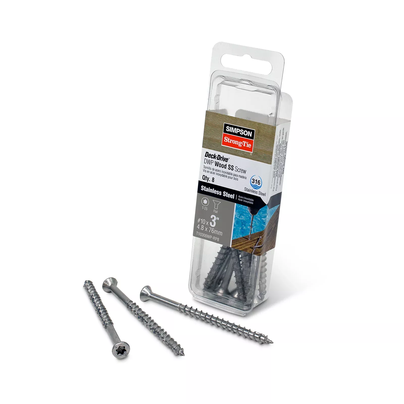 #10 x 3" Simpson Strong-Tie DWP T25 Flat Head Wood Screw - 316 Stainless Steel, Pkg 8
