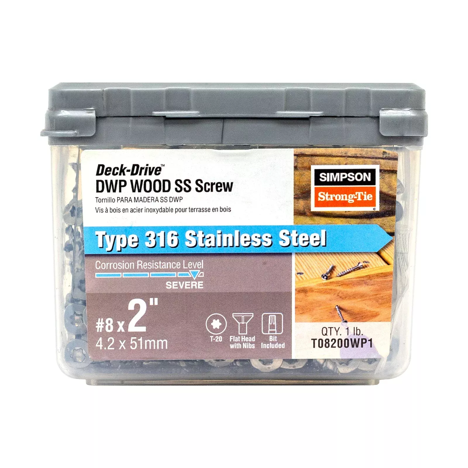 Simpson T08200WP1 #8 x 2" T20 DWP Flat Head Wood Screw - Type 316 Stainless Steel, 1 lb Pkg