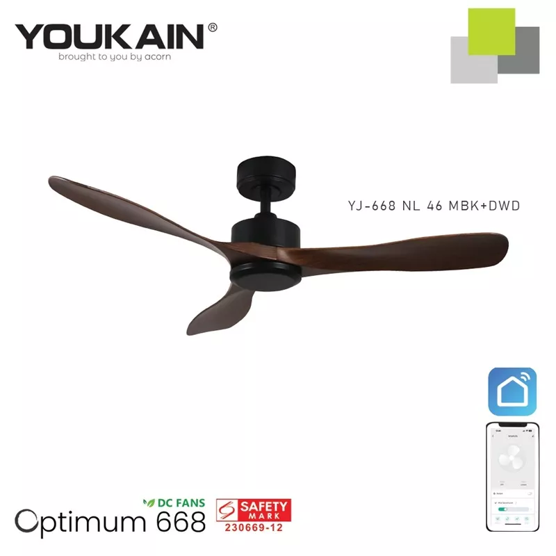 YOUKAIN 46" SMART CEILING FAN (NO LIGHT) YJ-668 (MATT-BLACK BODY)