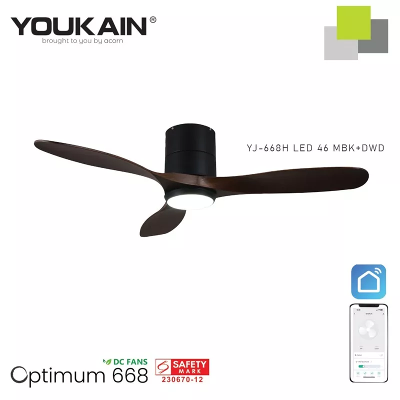 YOUKAIN 46" SMART CEILING FAN (WITH LIGHT) YJ-668H (MATT-BLACK BODY)