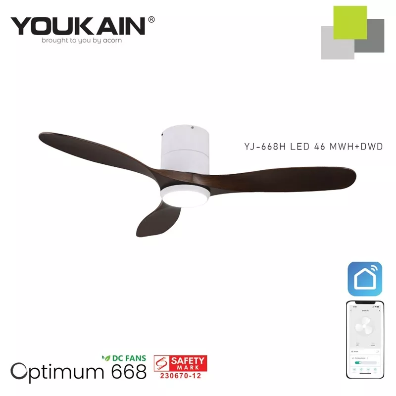 YOUKAIN 46" SMART CEILING FAN (WITH LIGHT) YJ-668H (MATT-WHITE BODY)