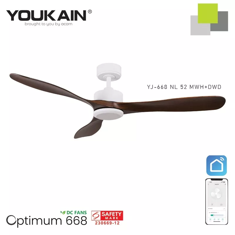 YOUKAIN 52" SMART CEILING FAN (NO LIGHT) YJ-668 (MATT-BLACK BODY)