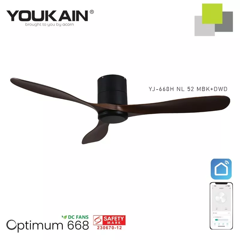 YOUKAIN 52" SMART CEILING FAN (NO LIGHT) YJ-668H (MATT-BLACK BODY)