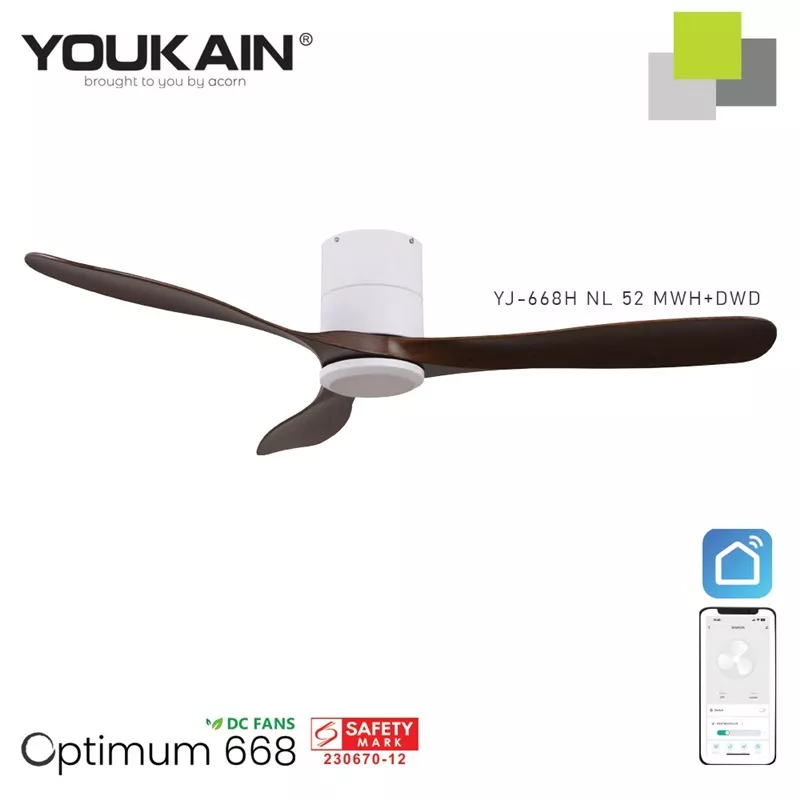YOUKAIN 52" SMART CEILING FAN (NO LIGHT) YJ-668H (MATT-WHITE BODY)