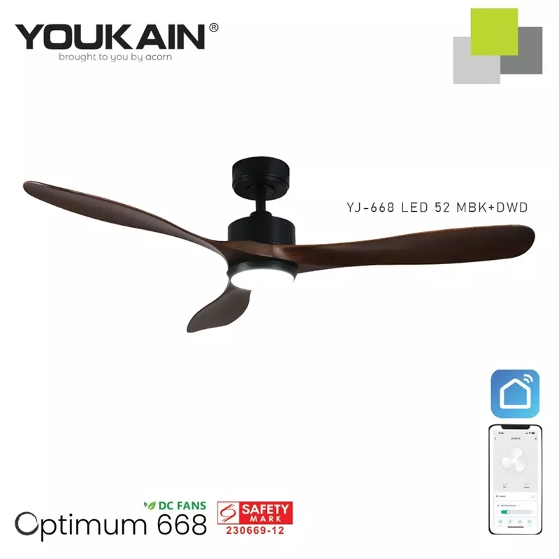 YOUKAIN 52" SMART CEILING FAN (WITH LIGHT) YJ-668 (MATT-BLACK BODY)
