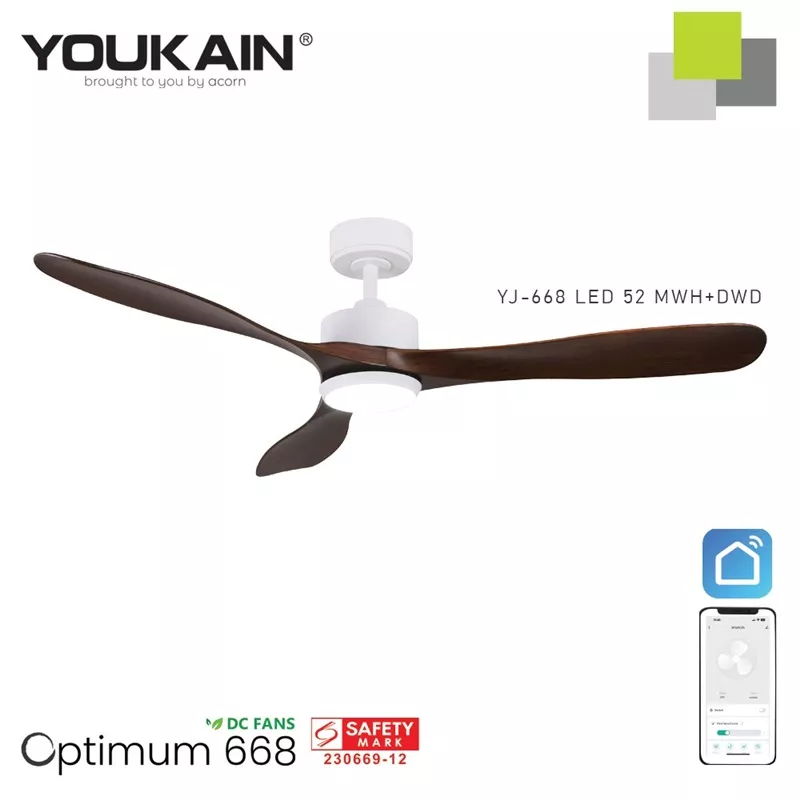 YOUKAIN 52" SMART CEILING FAN (WITH LIGHT) YJ-668 (MATT-WHITE BODY)