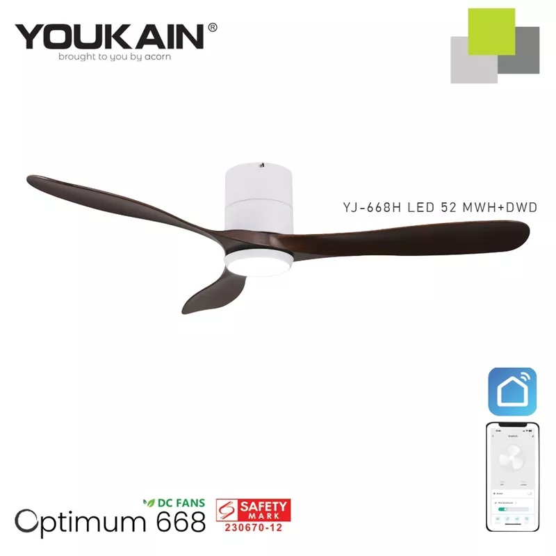 YOUKAIN 52" SMART CEILING FAN (WITH LIGHT) YJ-668H (MATT-WHITE BODY)