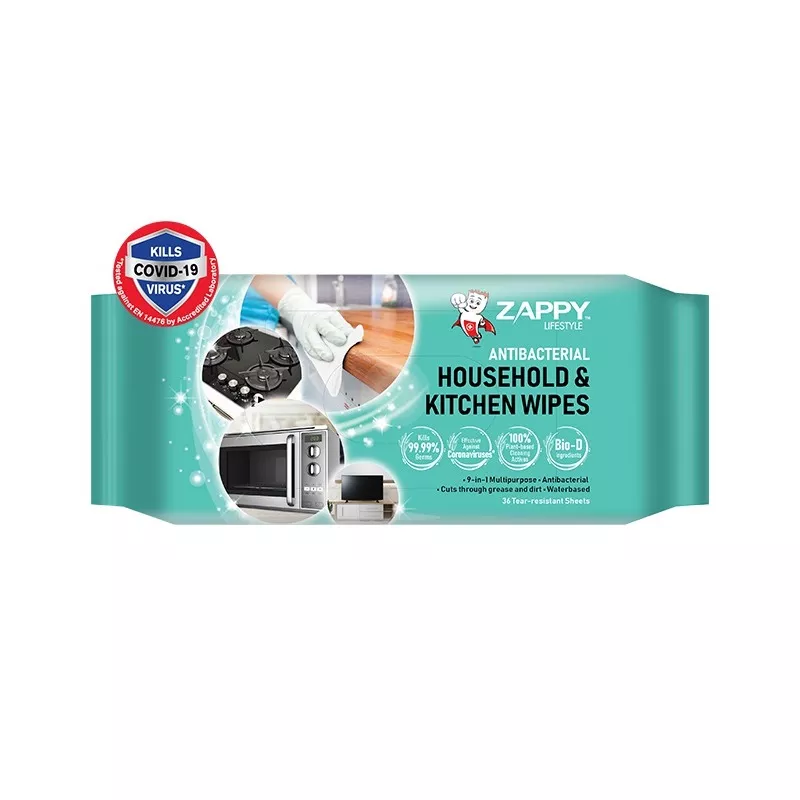 ZAPPY LIFESTYLE ANTIBACTERIAL HOUSEHOLD & KITCHEN WIPES 36'S